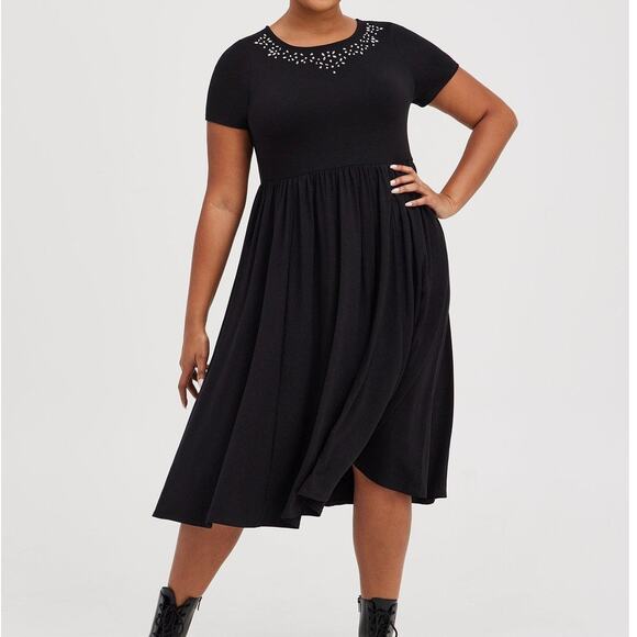 Torrid Embellished Neck Skater Midi Dress Jersey Knit Black Women's L 12 0 - Picture 1 of 6